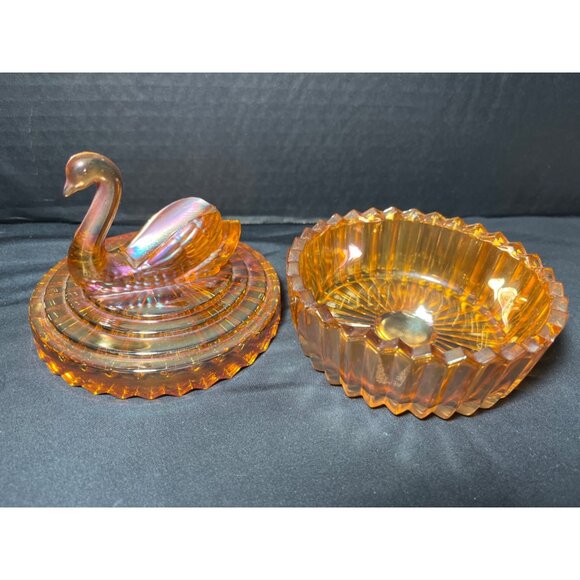 Opalescent Jeanette Glass Swan Covered Candy Powder Dish Carnival Glass 5” - Picture 3 of 8